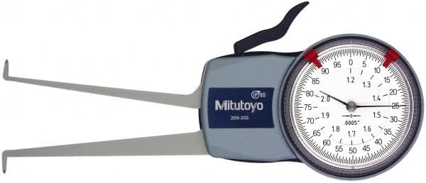 Mitutoyo - 1.2 to 2" Inside Dial Caliper Gage - 0.0005" Graduation, 0.0015" Accuracy, 3.3" Leg Length, 0.26" Deep x 0.06" Wide Groove, Ball Contact Points - Exact Tooling