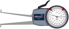 Mitutoyo - 1.2 to 2" Inside Dial Caliper Gage - 0.0005" Graduation, 0.0015" Accuracy, 3.3" Leg Length, 0.26" Deep x 0.06" Wide Groove, Ball Contact Points - Exact Tooling