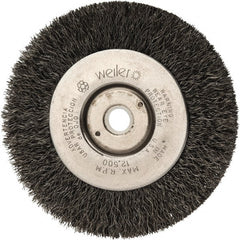 Weiler - 4" OD, 1/2" Arbor Hole, Crimped Steel Wheel Brush - 1/2" Face Width, 7/8" Trim Length, 0.008" Filament Diam, 12,500 RPM - Exact Tooling