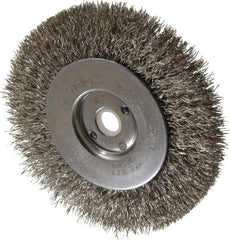 Weiler - 4" OD, 1/2" Arbor Hole, Crimped Stainless Steel Wheel Brush - 1/2" Face Width, 7/8" Trim Length, 0.0118" Filament Diam, 12,500 RPM - Exact Tooling