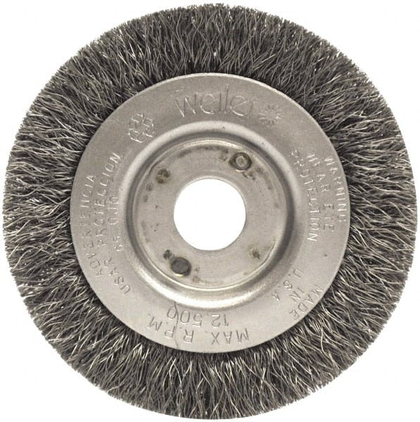 Weiler - 3" OD, 1/2" Arbor Hole, Crimped Steel Wheel Brush - 7/16" Face Width, 1/2" Trim Length, 0.014" Filament Diam, 12,500 RPM - Exact Tooling