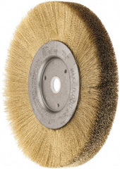 Weiler - 6" OD, 5/8" Arbor Hole, Crimped Brass Wheel Brush - 1/2" Face Width, 1-1/16" Trim Length, 0.005" Filament Diam, 6,000 RPM - Exact Tooling