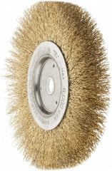 Weiler - 6" OD, 5/8" Arbor Hole, Crimped Brass Wheel Brush - 1/2" Face Width, 1-1/16" Trim Length, 0.0118" Filament Diam, 6,000 RPM - Exact Tooling