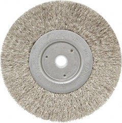 Weiler - 6" OD, 5/8" Arbor Hole, Crimped Stainless Steel Wheel Brush - 1/2" Face Width, 1-7/16" Trim Length, 0.0118" Filament Diam, 6,000 RPM - Exact Tooling