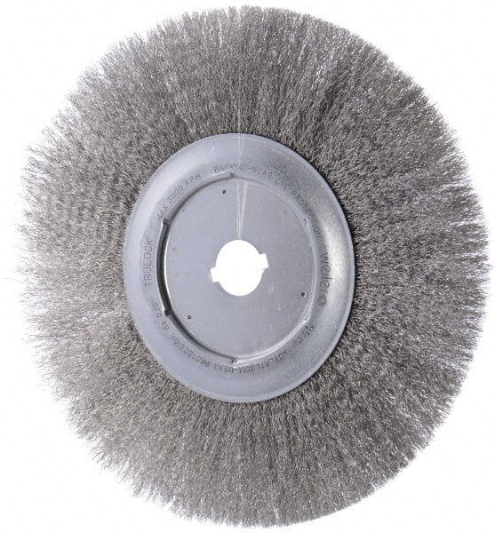 Weiler - 12" OD, 1-1/4" Arbor Hole, Crimped Stainless Steel Wheel Brush - 3/4" Face Width, 2-15/16" Trim Length, 0.0104" Filament Diam, 3,000 RPM - Exact Tooling