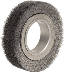 Weiler - 4-1/2" OD, 2" Arbor Hole, Crimped Steel Wheel Brush - 1-1/4" Face Width, 3/4" Trim Length, 0.014" Filament Diam, 6,000 RPM - Exact Tooling