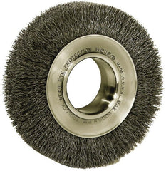 Weiler - 6" OD, 2" Arbor Hole, Crimped Steel Wheel Brush - 1-1/4" Face Width, 1-1/8" Trim Length, 0.006" Filament Diam, 6,000 RPM - Exact Tooling