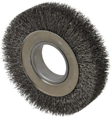 Weiler - 6" OD, 2" Arbor Hole, Crimped Steel Wheel Brush - 1-1/4" Face Width, 1-1/8" Trim Length, 0.014" Filament Diam, 6,000 RPM - Exact Tooling