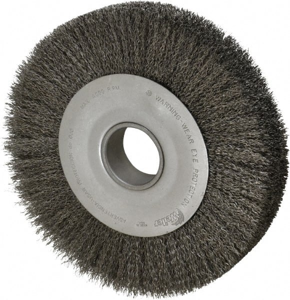 Weiler - 10" OD, 2" Arbor Hole, Crimped Steel Wheel Brush - 1-5/8" Face Width, 1-7/8" Trim Length, 0.014" Filament Diam, 4,000 RPM - Exact Tooling
