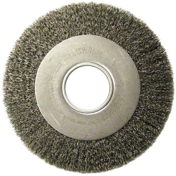 Weiler - 10" OD, 2" Arbor Hole, Crimped Steel Wheel Brush - 1-1/8" Face Width, 2" Trim Length, 0.02" Filament Diam, 3,600 RPM - Exact Tooling
