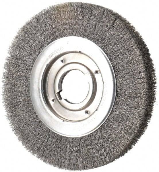 Weiler - 10" OD, 2" Arbor Hole, Crimped Steel Wheel Brush - 1-1/8" Face Width, 2" Trim Length, 0.0118" Filament Diam, 3,600 RPM - Exact Tooling