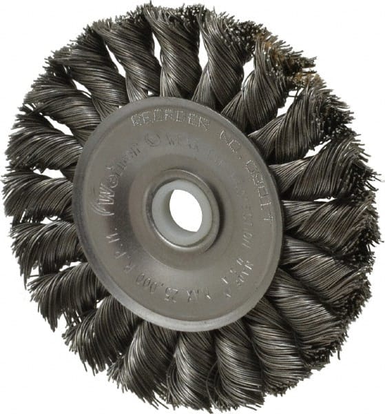 Weiler - 3" OD, 1/2" Arbor Hole, Knotted Steel Wheel Brush - 3/8" Face Width, 5/8" Trim Length, 0.014" Filament Diam, 25,000 RPM - Exact Tooling