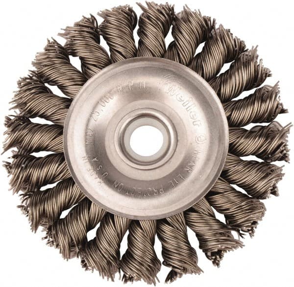 Weiler - 3" OD, 1/2" Arbor Hole, Knotted Steel Wheel Brush - 3/8" Face Width, 5/8" Trim Length, 0.02" Filament Diam, 25,000 RPM - Exact Tooling