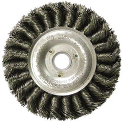 Weiler - 4" OD, 5/8" Arbor Hole, Knotted Steel Wheel Brush - 1/2" Face Width, 7/8" Trim Length, 0.014" Filament Diam, 20,000 RPM - Exact Tooling