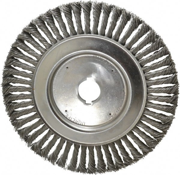 Weiler - 10" OD, 1-1/4" Arbor Hole, Knotted Steel Wheel Brush - 1/2" Face Width, 1-3/4" Trim Length, 0.023" Filament Diam, 4,500 RPM - Exact Tooling