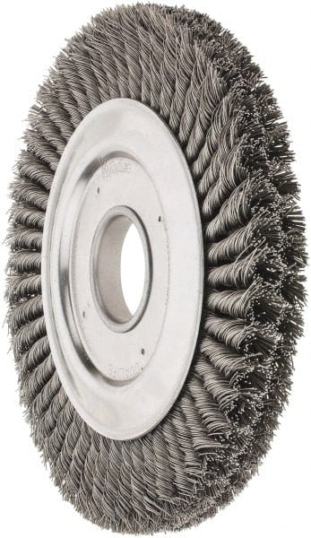 Weiler - 10" OD, 2" Arbor Hole, Knotted Steel Wheel Brush - 1-1/4" Face Width, 1-3/4" Trim Length, 0.023" Filament Diam, 4,500 RPM - Exact Tooling