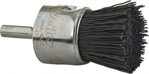 Weiler - 320 Grit, 1" Brush Diam, Crimped, End Brush - Extra Fine Grade, 1/4" Diam Shank, 10,000 Max RPM - Exact Tooling