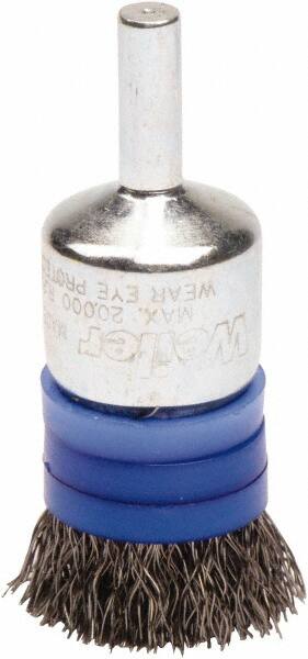 Weiler - 3/4" Brush Diam, Crimped, End Brush - 1/4" Diam Steel Shank, 20,000 Max RPM - Exact Tooling
