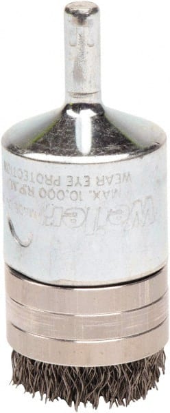 Weiler - 1" Brush Diam, Crimped, End Brush - 1/4" Diam Steel Shank, 10,000 Max RPM - Exact Tooling