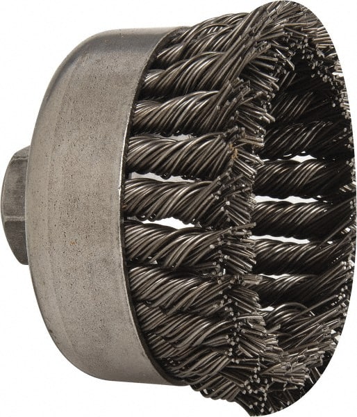 Weiler - 4" Diam, 5/8-11 Threaded Arbor, Steel Fill Cup Brush - 0.035 Wire Diam, 1-1/4" Trim Length, 9,000 Max RPM - Exact Tooling
