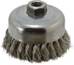 Weiler - 4" Diam, 5/8-11 Threaded Arbor, Stainless Steel Fill Cup Brush - 0.014 Wire Diam, 1-1/4" Trim Length, 9,000 Max RPM - Exact Tooling