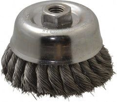 Weiler - 4" Diam, 5/8-11 Threaded Arbor, Steel Fill Cup Brush - 0.014 Wire Diam, 1-3/8" Trim Length, 9,000 Max RPM - Exact Tooling