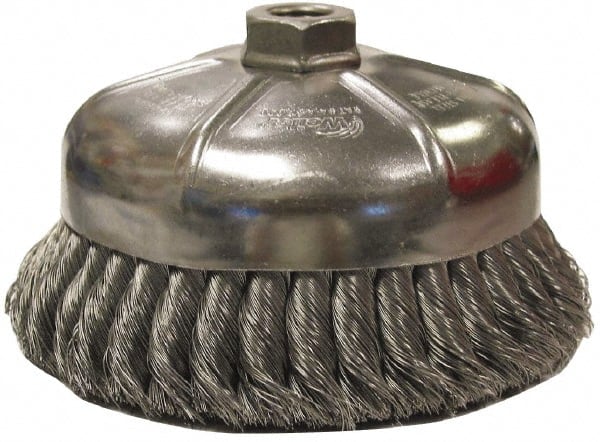 Weiler - 3-1/2" Diam, 3/8-24 Threaded Arbor, Steel Fill Cup Brush - 0.023 Wire Diam, 7/8" Trim Length, 13,000 Max RPM - Exact Tooling