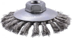 Weiler - 4" OD, 5/8-11 Arbor Hole, Knotted Stainless Steel Wheel Brush - 3/8" Face Width, 3/4" Trim Length, 0.014" Filament Diam, 12,500 RPM - Exact Tooling