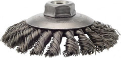 Weiler - 4-1/2" OD, 5/8-11 Arbor Hole, Knotted Steel Wheel Brush - 3/8" Face Width, 1" Trim Length, 0.02" Filament Diam, 12,500 RPM - Exact Tooling