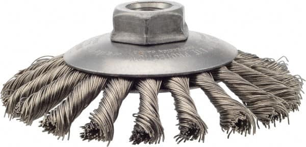 Weiler - 4-1/2" OD, 5/8-11 Arbor Hole, Knotted Stainless Steel Wheel Brush - 3/8" Face Width, 1" Trim Length, 0.02" Filament Diam, 12,500 RPM - Exact Tooling