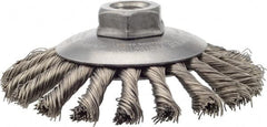Weiler - 4-1/2" OD, 5/8-11 Arbor Hole, Knotted Stainless Steel Wheel Brush - 3/8" Face Width, 1" Trim Length, 0.02" Filament Diam, 12,500 RPM - Exact Tooling