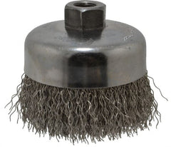 Weiler - 4" Diam, 5/8-11 Threaded Arbor, Stainless Steel Fill Cup Brush - 0.02 Wire Diam, 1-3/8" Trim Length, 9,000 Max RPM - Exact Tooling