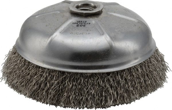 Weiler - 6" Diam, 5/8-11 Threaded Arbor, Stainless Steel Fill Cup Brush - 0.02 Wire Diam, 1-1/4" Trim Length, 6,600 Max RPM - Exact Tooling