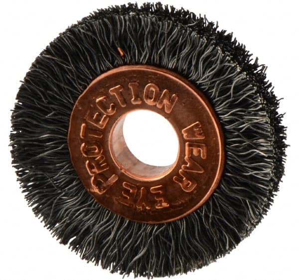 Weiler - 1" OD, 1/4" Arbor Hole, Crimped Steel Wheel Brush - 3/16" Face Width, 1/4" Trim Length, 0.006" Filament Diam, 20,000 RPM - Exact Tooling