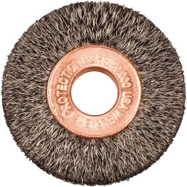 Weiler - 1-1/2" OD, 3/8" Arbor Hole, Crimped Steel Wheel Brush - 1/4" Face Width, 7/16" Trim Length, 0.006" Filament Diam, 20,000 RPM - Exact Tooling