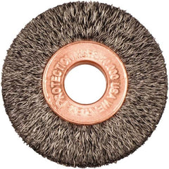 Weiler - 1-1/2" OD, 3/8" Arbor Hole, Crimped Steel Wheel Brush - 1/4" Face Width, 7/16" Trim Length, 0.006" Filament Diam, 20,000 RPM - Exact Tooling
