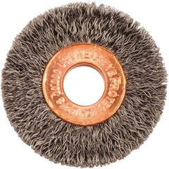 Weiler - 1-1/2" OD, 3/8" Arbor Hole, Crimped Steel Wheel Brush - 1/4" Face Width, 7/16" Trim Length, 0.008" Filament Diam, 20,000 RPM - Exact Tooling