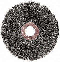Weiler - 2" OD, 1/2" Arbor Hole, Crimped Steel Wheel Brush - 3/8" Face Width, 1/2" Trim Length, 0.0104" Filament Diam, 20,000 RPM - Exact Tooling