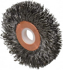 Weiler - 2" OD, 1/2" Arbor Hole, Crimped Steel Wheel Brush - 3/8" Face Width, 1/2" Trim Length, 0.014" Filament Diam, 20,000 RPM - Exact Tooling