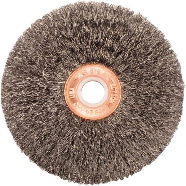 Weiler - 3" OD, 1/2" Arbor Hole, Crimped Steel Wheel Brush - 5/8" Face Width, 1" Trim Length, 0.006" Filament Diam, 20,000 RPM - Exact Tooling