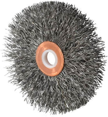 Weiler - 3" OD, 1/2" Arbor Hole, Crimped Steel Wheel Brush - 5/8" Face Width, 1" Trim Length, 0.014" Filament Diam, 20,000 RPM - Exact Tooling