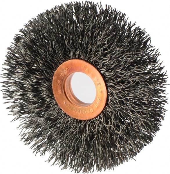 Weiler - 3" OD, 5/8" Arbor Hole, Crimped Steel Wheel Brush - 5/8" Face Width, 15/16" Trim Length, 0.014" Filament Diam, 20,000 RPM - Exact Tooling