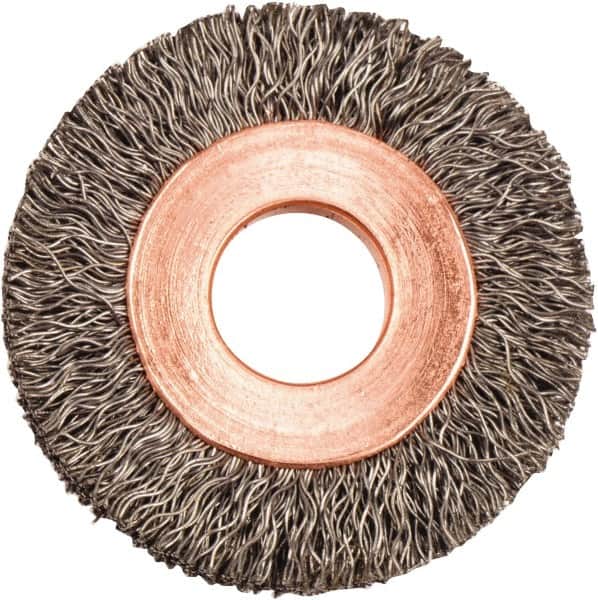 Weiler - 1-1/4" OD, 3/8" Arbor Hole, Crimped Steel Wheel Brush - 1/4" Face Width, 5/16" Trim Length, 0.008" Filament Diam, 20,000 RPM - Exact Tooling