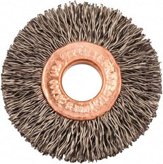 Weiler - 1-1/2" OD, 3/8" Arbor Hole, Crimped Steel Wheel Brush - 1/4" Face Width, 7/16" Trim Length, 0.014" Filament Diam, 20,000 RPM - Exact Tooling