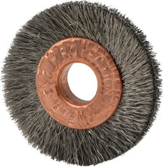 Weiler - 1" OD, 1/4" Arbor Hole, Crimped Stainless Steel Wheel Brush - 3/16" Face Width, 1/4" Trim Length, 0.003" Filament Diam, 20,000 RPM - Exact Tooling
