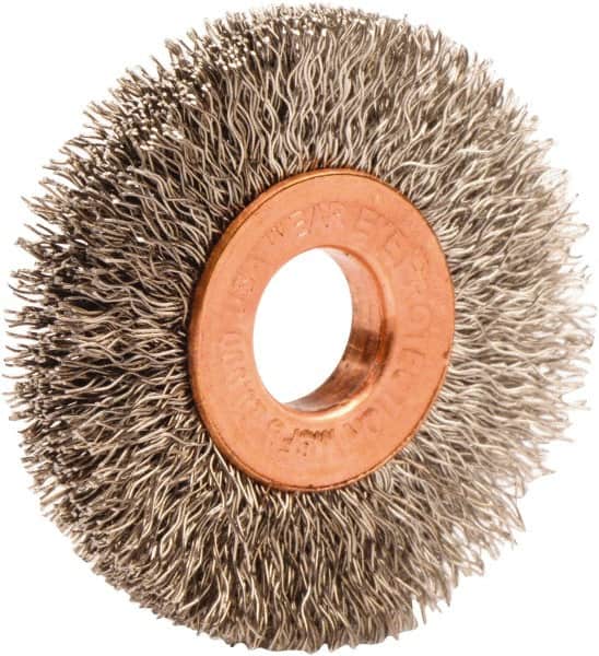 Weiler - 1-1/2" OD, 3/8" Arbor Hole, Crimped Stainless Steel Wheel Brush - 1/4" Face Width, 7/16" Trim Length, 0.008" Filament Diam, 20,000 RPM - Exact Tooling