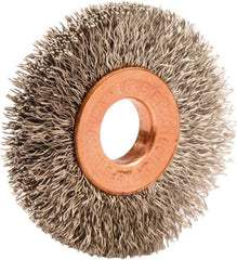 Weiler - 1-1/2" OD, 3/8" Arbor Hole, Crimped Stainless Steel Wheel Brush - 1/4" Face Width, 7/16" Trim Length, 0.008" Filament Diam, 20,000 RPM - Exact Tooling