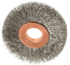 Weiler - 2" OD, 1/2" Arbor Hole, Crimped Stainless Steel Wheel Brush - 3/8" Face Width, 1/2" Trim Length, 0.008" Filament Diam, 20,000 RPM - Exact Tooling