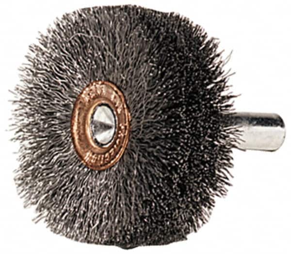 Weiler - 1-1/2" OD, 1/4" Shank Diam, Crimped Steel Wheel Brush - 1/2" Face Width, 1/2" Trim Length, 0.006" Filament Diam, 20,000 RPM - Exact Tooling