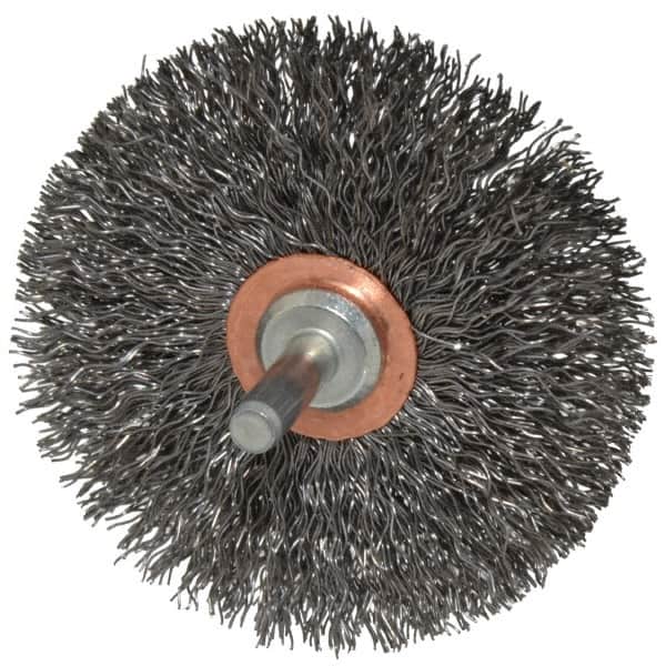 Weiler - 3" OD, 1/4" Shank Diam, Crimped Steel Wheel Brush - 1/2" Face Width, 1" Trim Length, 0.014" Filament Diam, 20,000 RPM - Exact Tooling